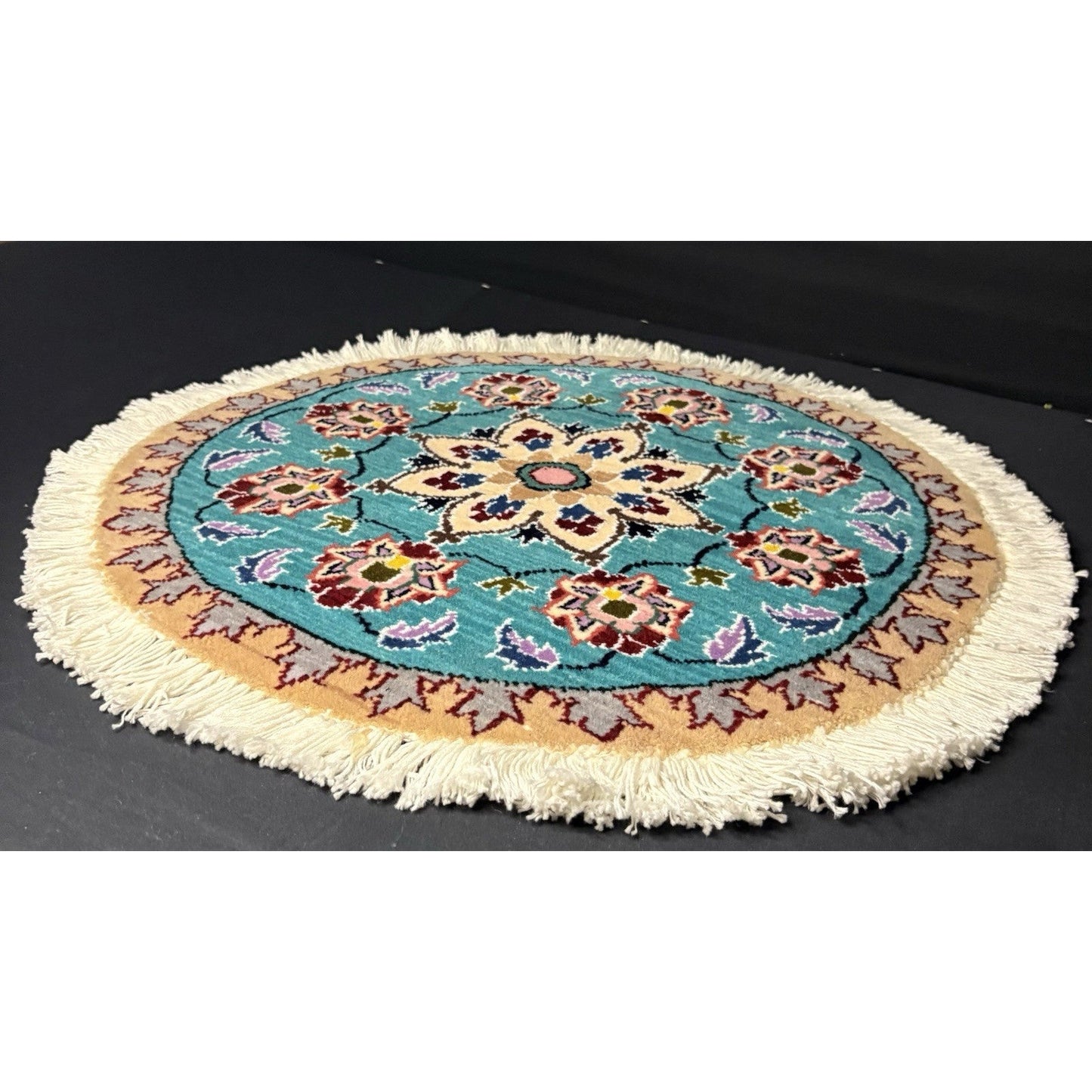 Persian Nain Round Medallion Rug Hand Knotted Size 20”x20” Or 50cm Blue Rug