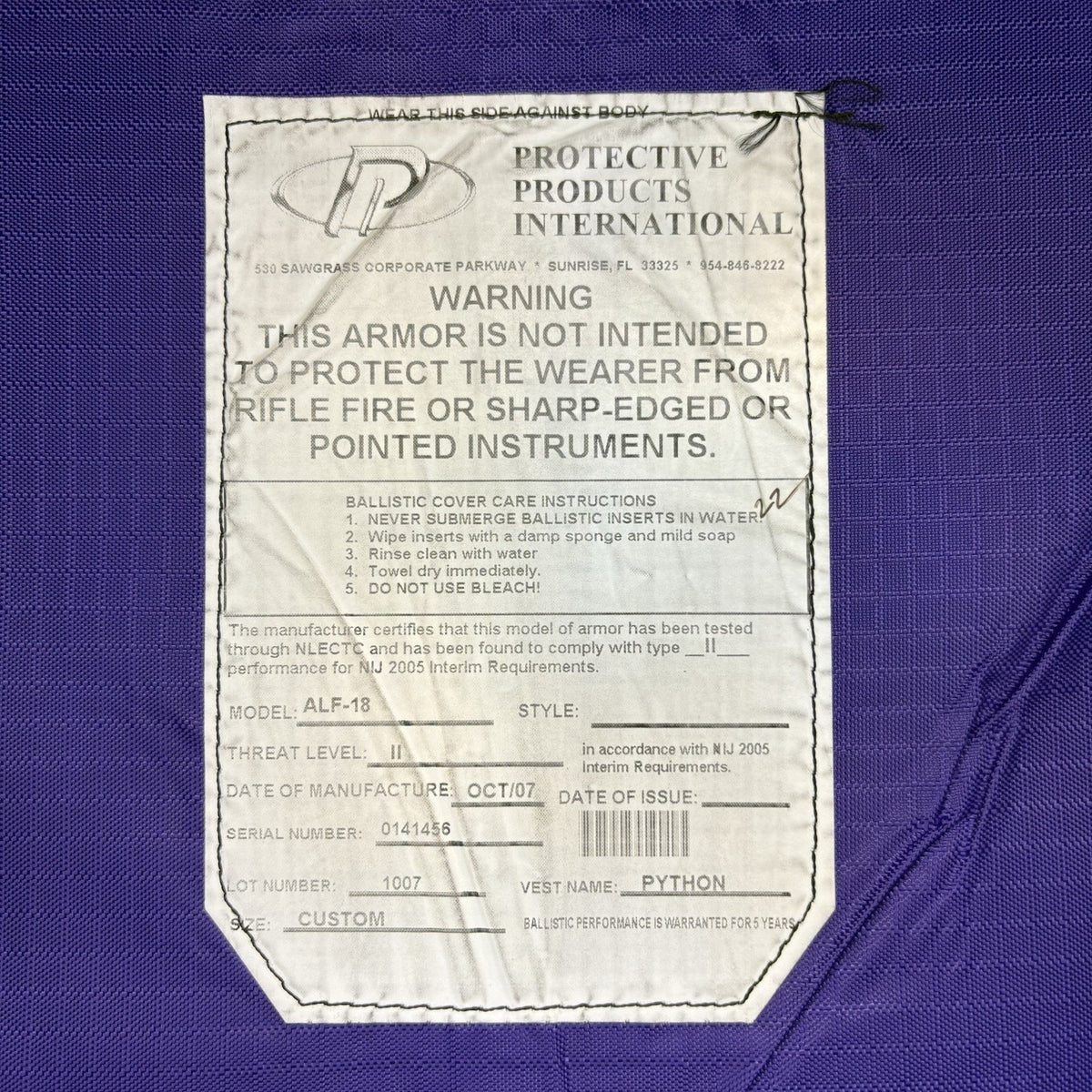 PPI Ballistic Level 2 II Vest Size LARGE Bulletproof Concealable Vest
