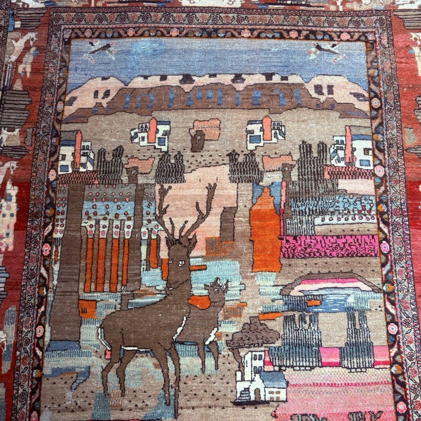 Antique Persian Hand Knotted Pictorial Rug 9'x5' 1940s Kashann Rug