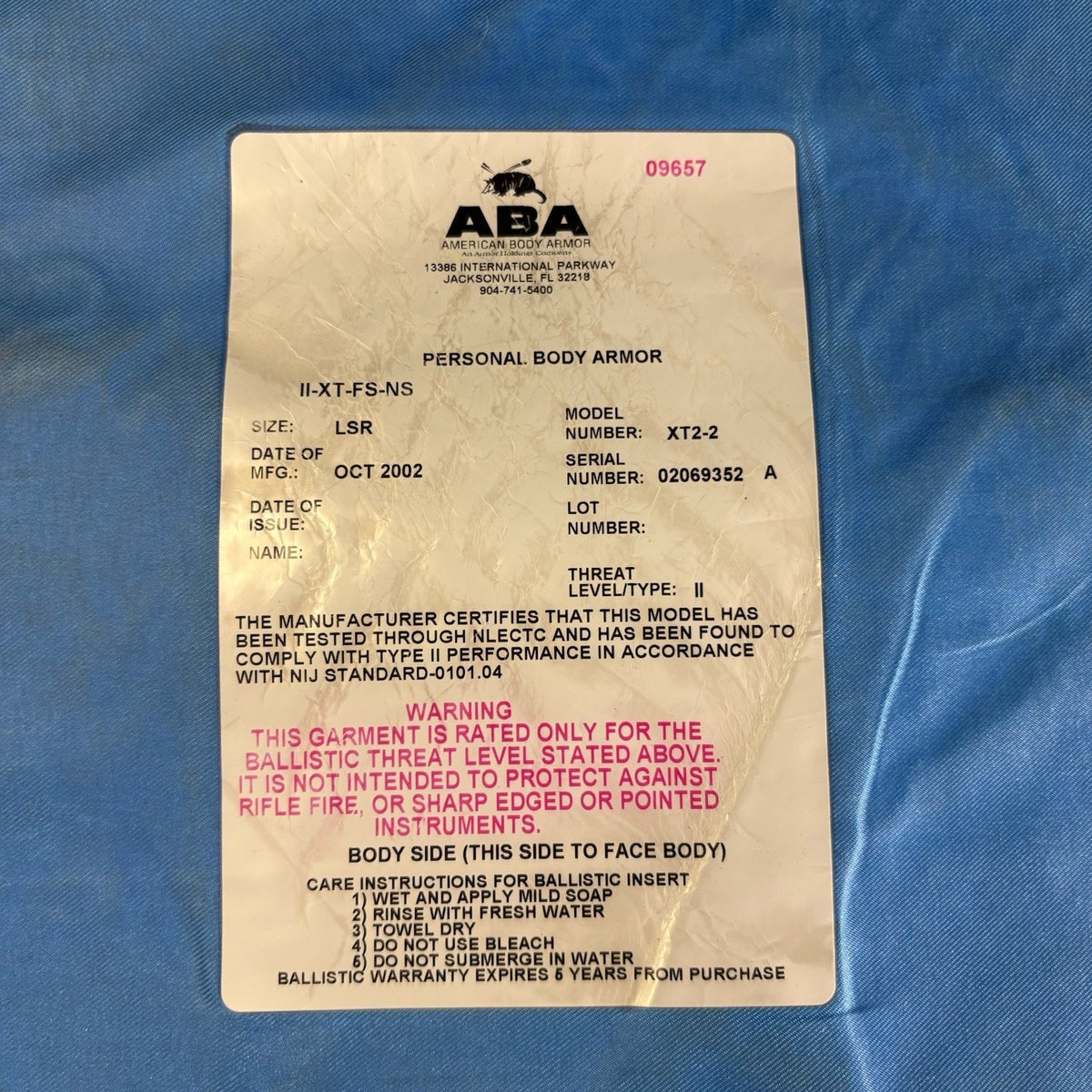 American Body Armor Bullet Proof Vest Level 2 (II) Size Medium (M) Concealable