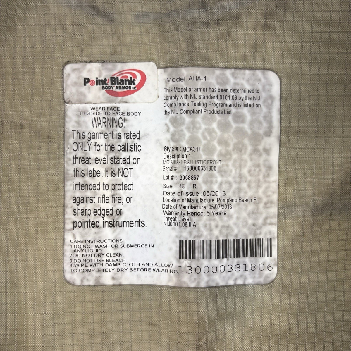 PB Armor 3A Bullet Proof Vest IIIA Size Large w/ Trauma Plate Concealable Vest