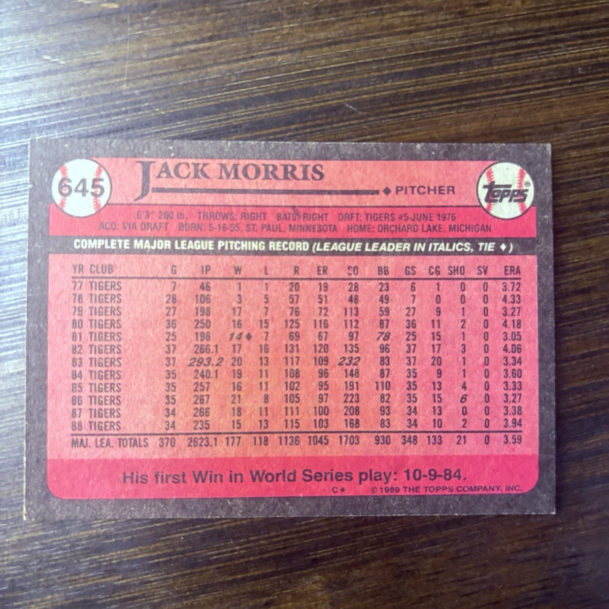 Jack Morris #645 1989 Topps Detroit Tigers High Grade