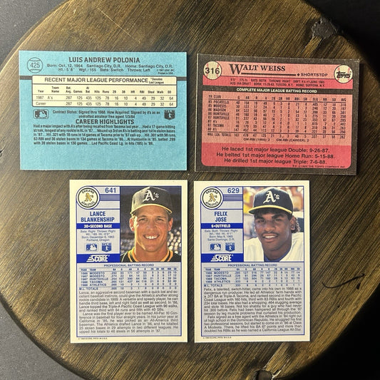 1989 (4) Athletics Cards Luis Polonia, Walt Weiss, Lance Blankenship, Felix Jose