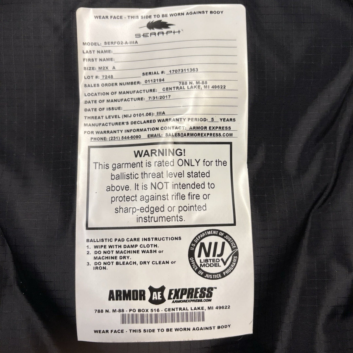 Armor Express 3A Vest Size Women's Medium IIIA Ballistic Body Armor Bulletproof