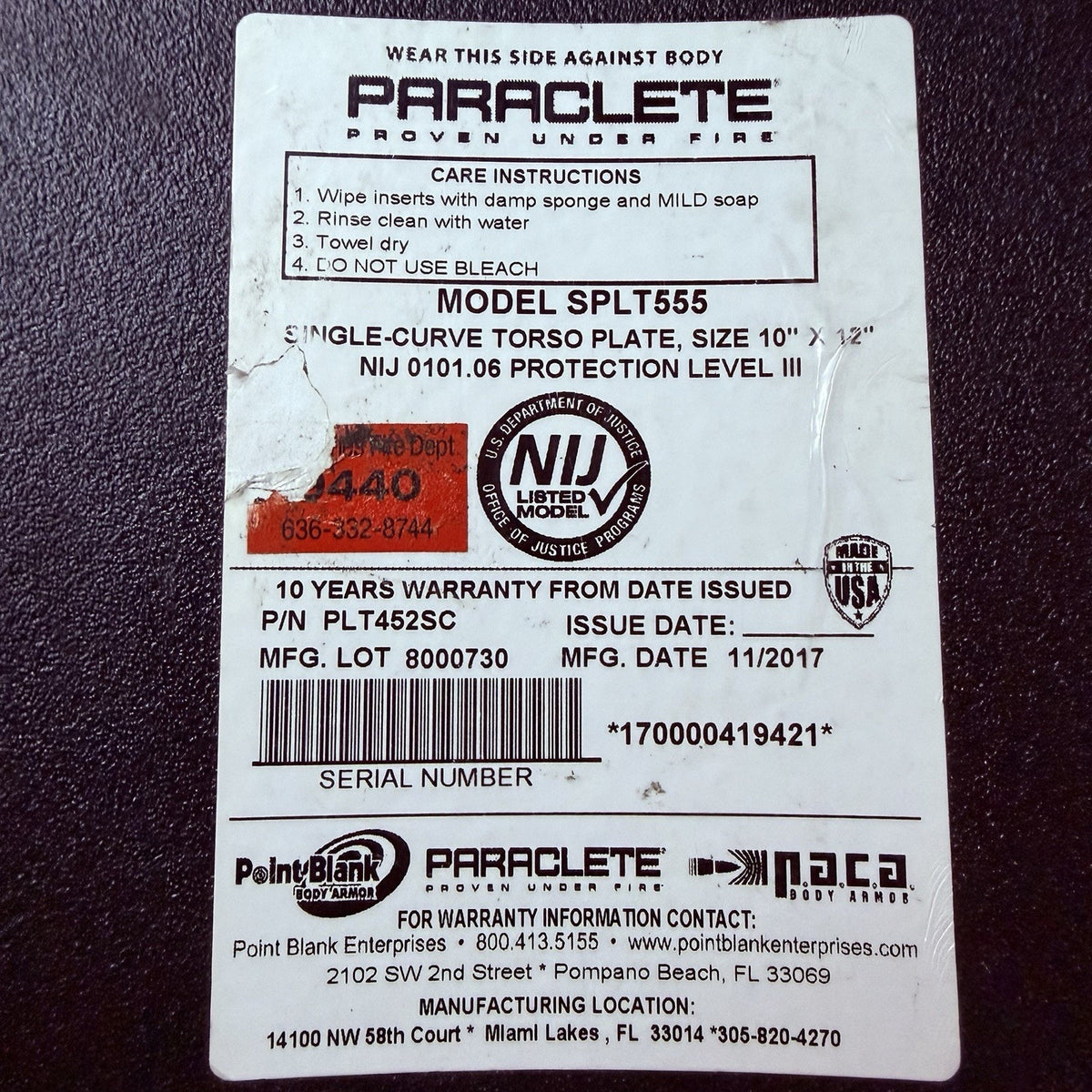 PB Ballistic Steel Plate Level 3 III 10"x 12" Shooters Cut SPLT555 In Warranty