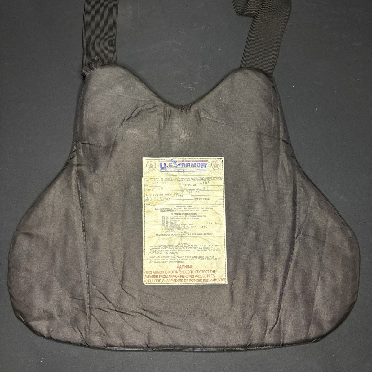 US Armor Ballistic Level 2 II Vest Size XL Made In USA Concealable Bulletproof
