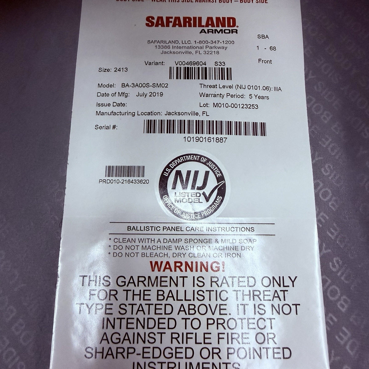 Safariland Bulletproof Vest Summit IIIA 3A Size XL High End 2019 Body Armor