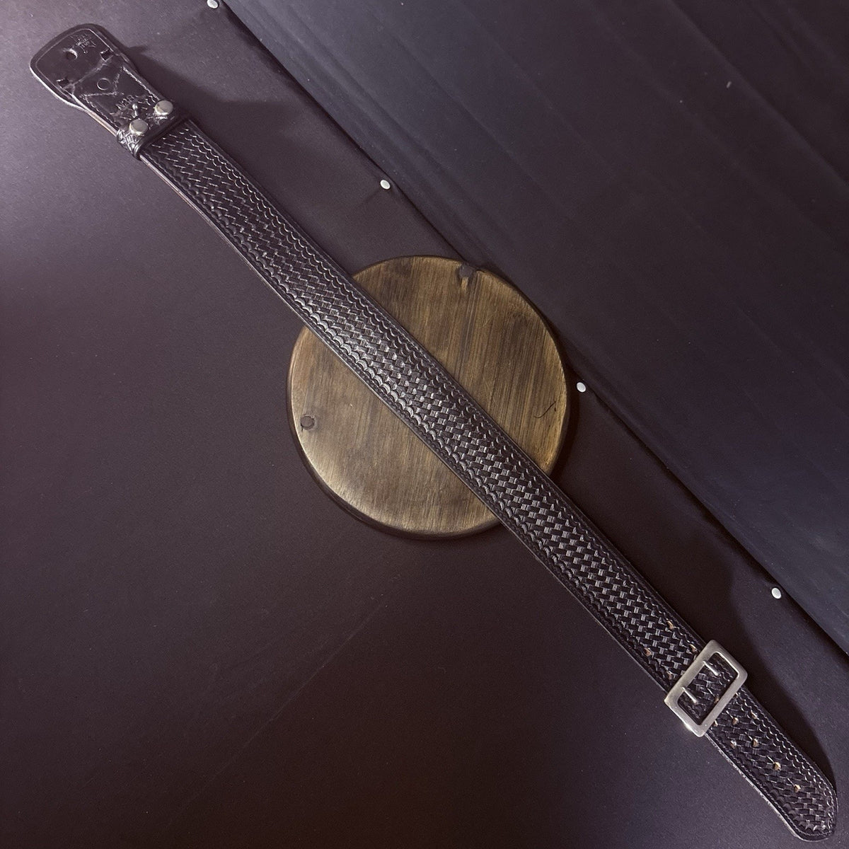 Tex Shoemaker Duty Belt Size 28" Basketweave Leather 2.25" Wide, Nickel Buckle