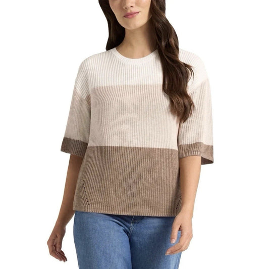 Matty M Women's XXL Colorblock Sweater Polyester Crewneck (Brown, Beige, White)