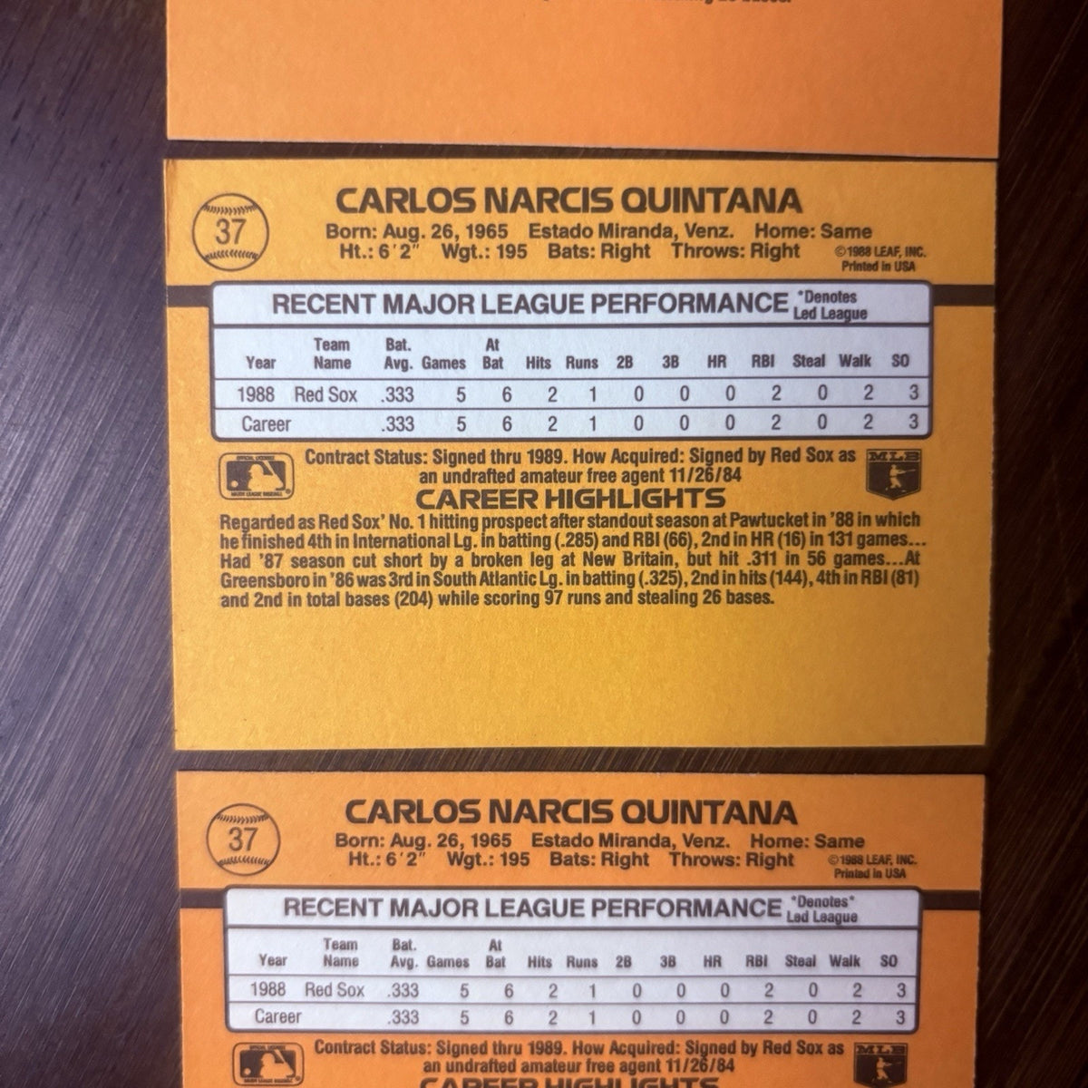 Lot of (3) 1989 Donruss RC Carlos Quintana #37 Rated Rookie NRMT-MT Red Sox