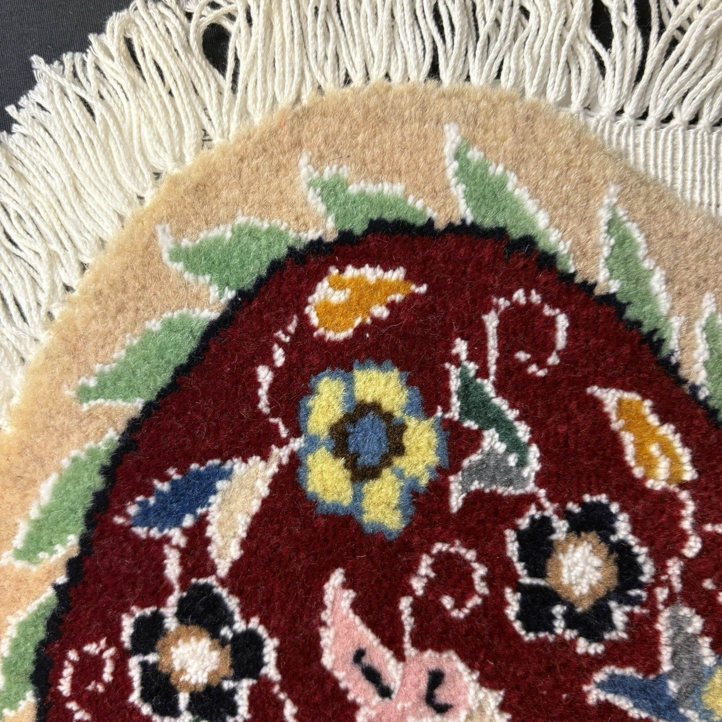 Persian Heart Shape Rug Red w/Flowers Hand Knotted 14”x13” RARE 240 KPSI