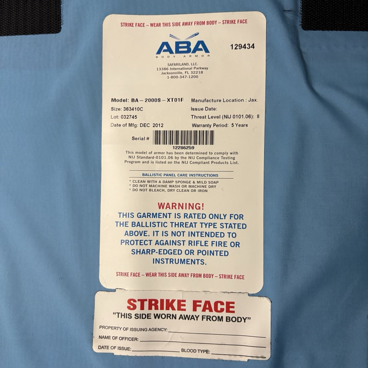 ABA Bullet Proof Vest Level 2 (II) Size Female Large Concealable Ballistic Vest