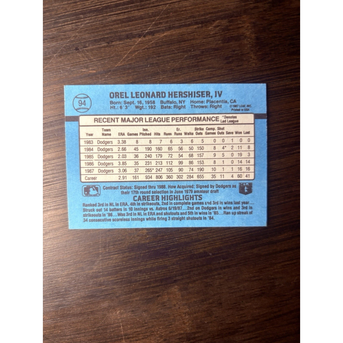 Orel Hershiser Pitcher Los Angeles Dodgers Donruss 1988 Card #94
