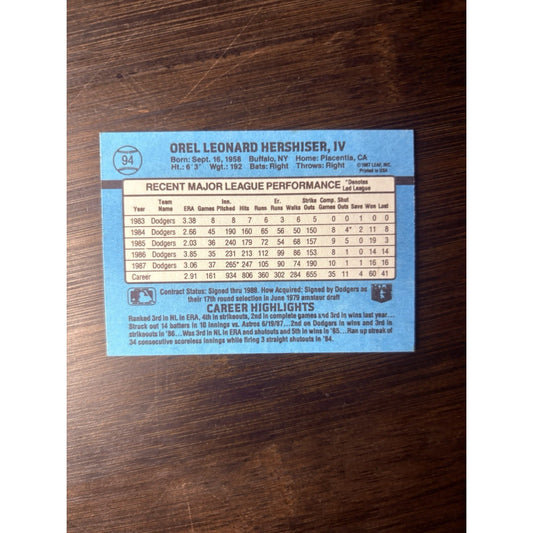 Orel Hershiser Pitcher Los Angeles Dodgers Donruss 1988 Card #94