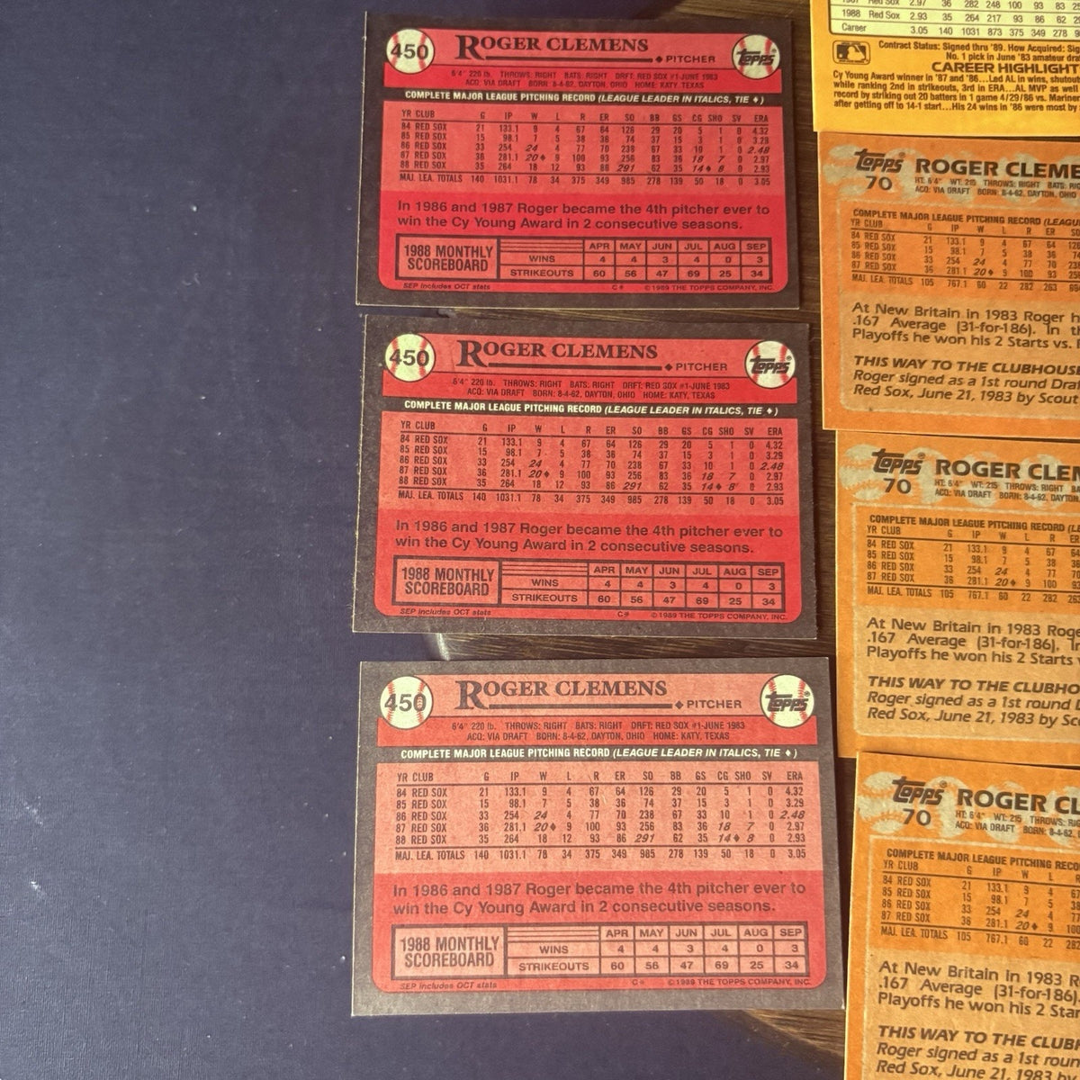 1987-1988 Roger Clemens (9) Card Lot, Topps & Donruss, #450, #280, #70, #51