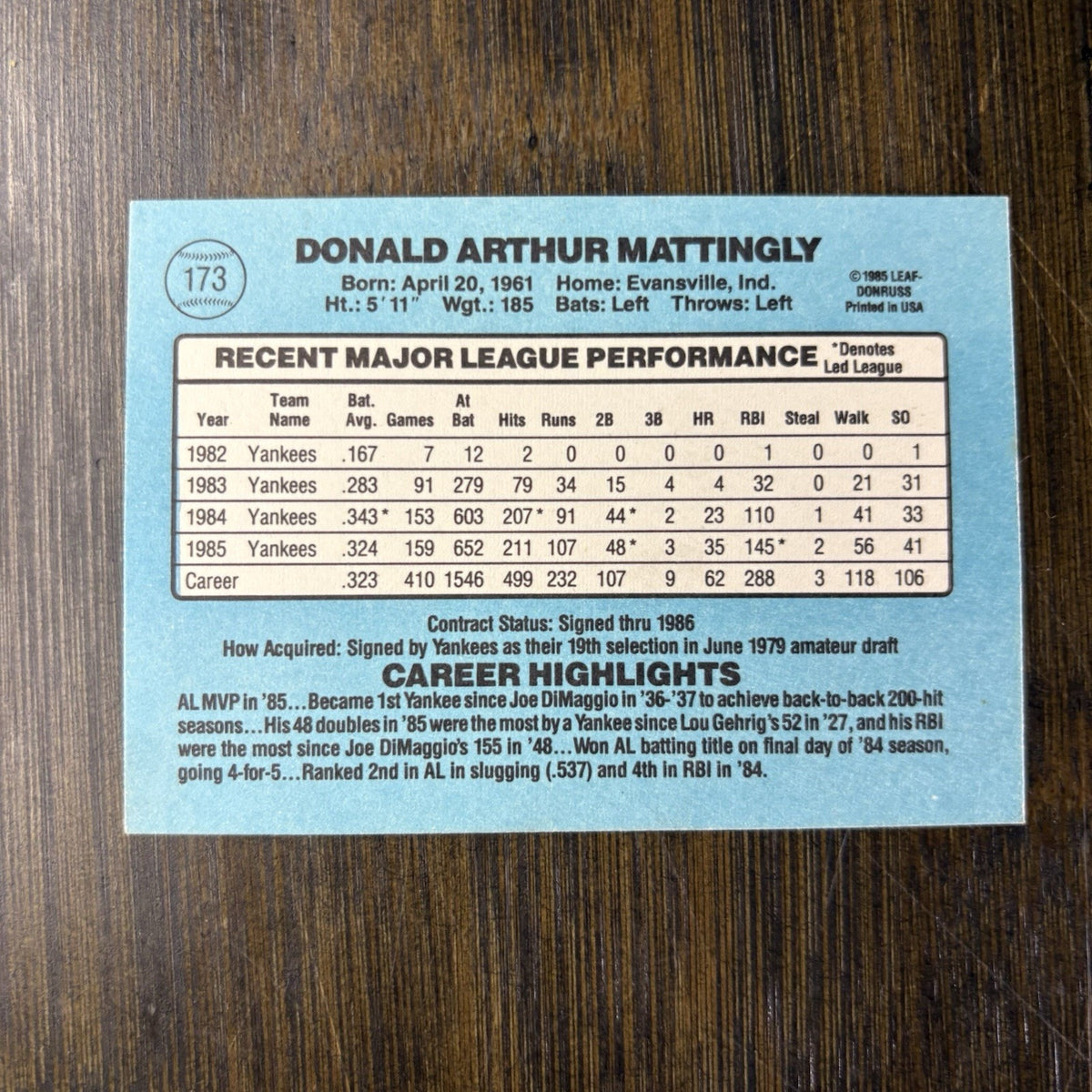 Don Mattingly 1986 Donruss Card #173 Mint/NR-Mint - New York Yankees