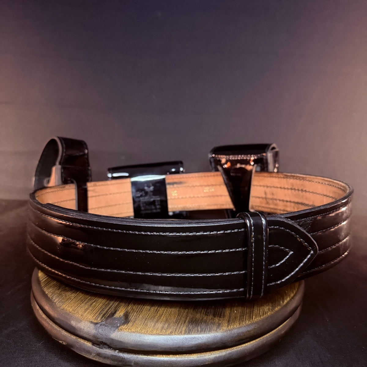 Don Hume Duty Belt Size 34" w/Handcuff, Mace, Glove Cases Hi-Gloss Black Leather