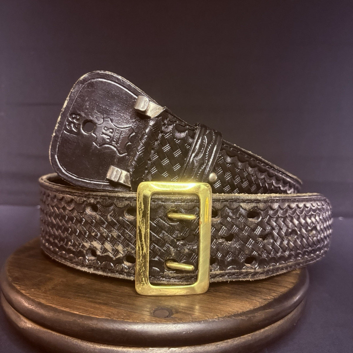 JS Leather Sam Browne Duty Belt Size 28" Black Basket Weave Leather Brass Buckle