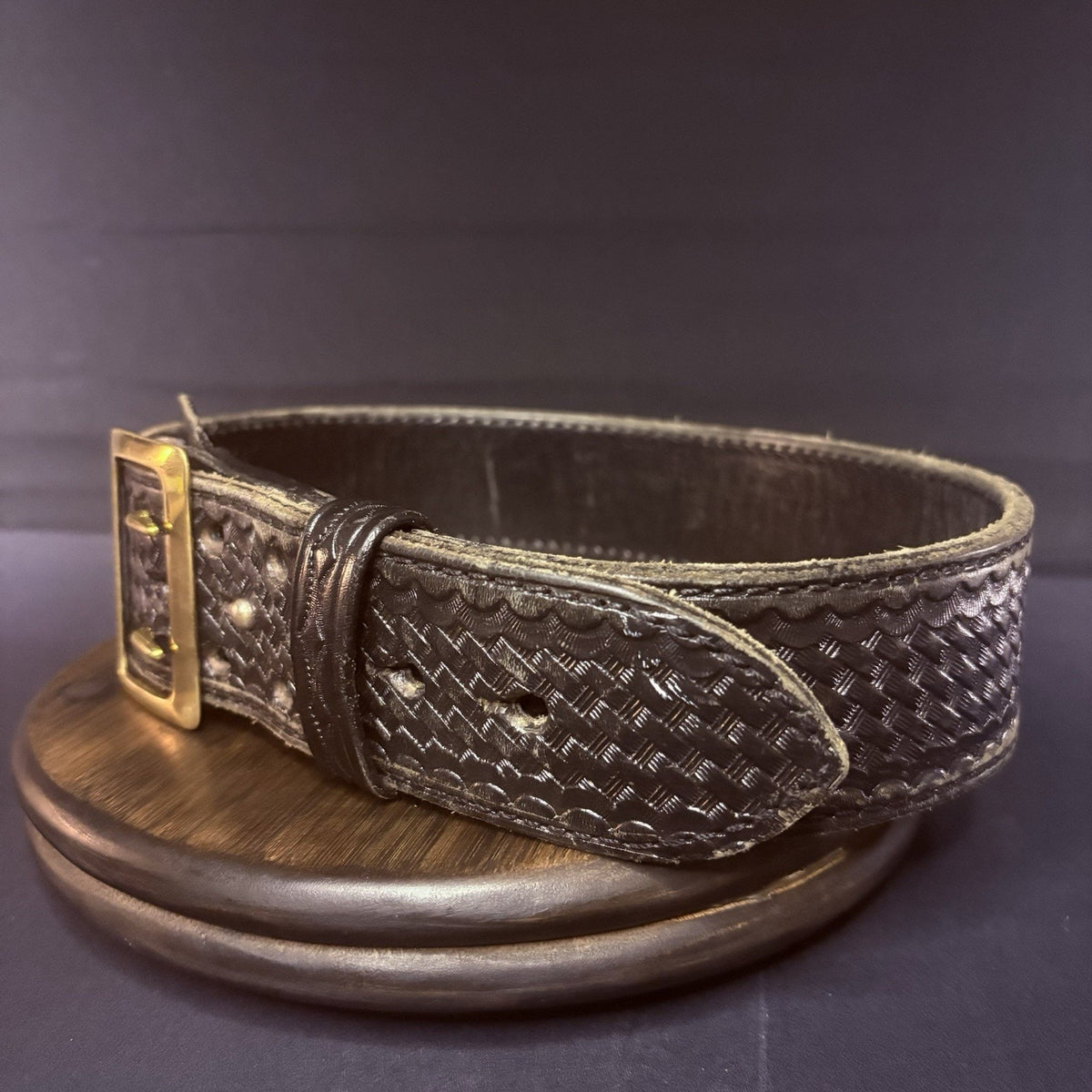 JS Leather Sam Browne Duty Belt Size 28" Black Basket Weave Leather Brass Buckle