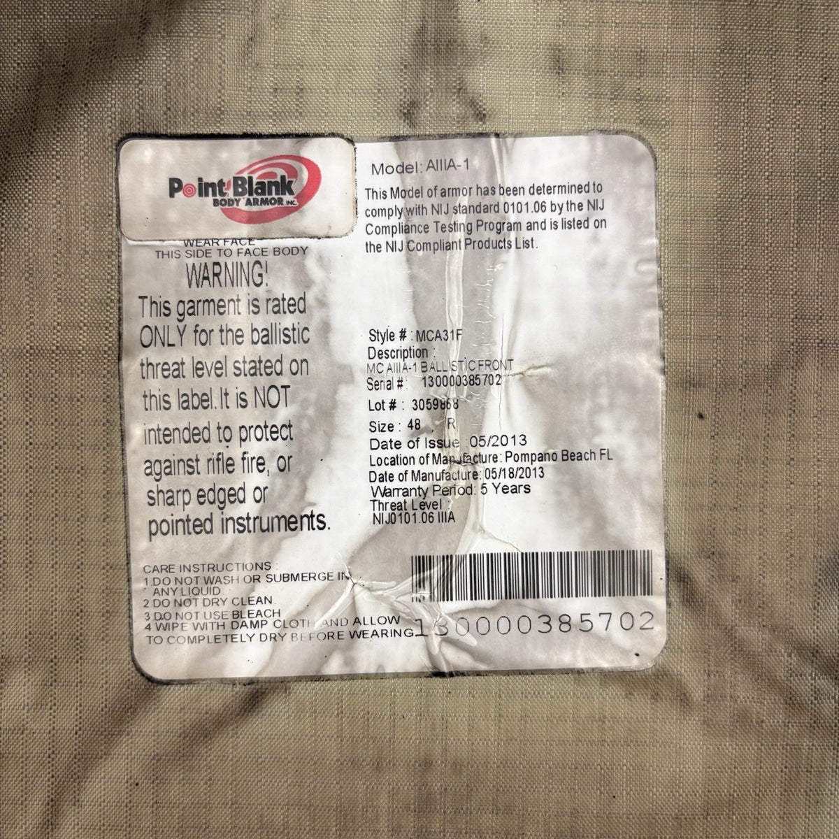PB 3A Bullet Proof Vest Size Large IIIA Ballistic Concealable Body Armor