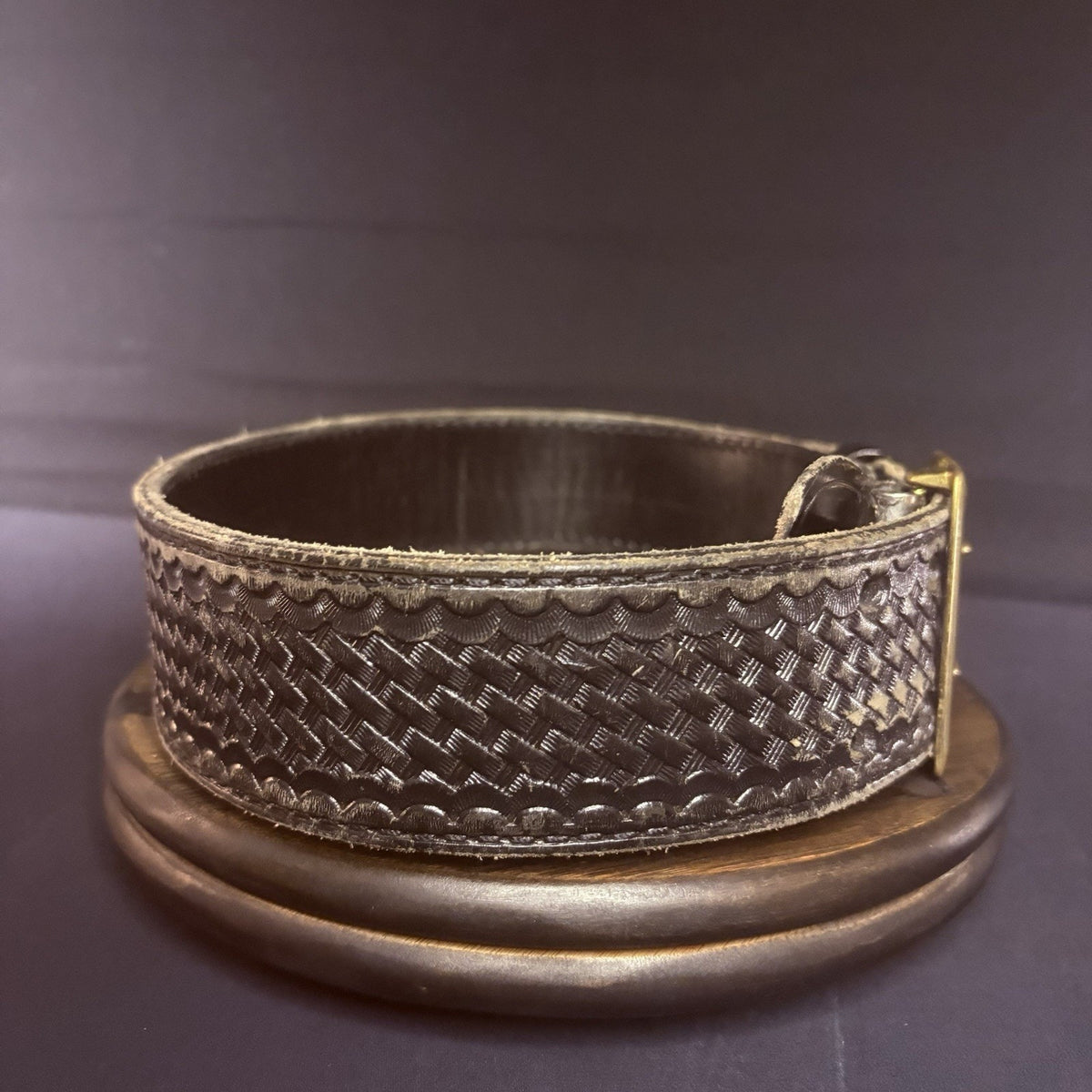 JS Leather Sam Browne Duty Belt Size 28" Black Basket Weave Leather Brass Buckle