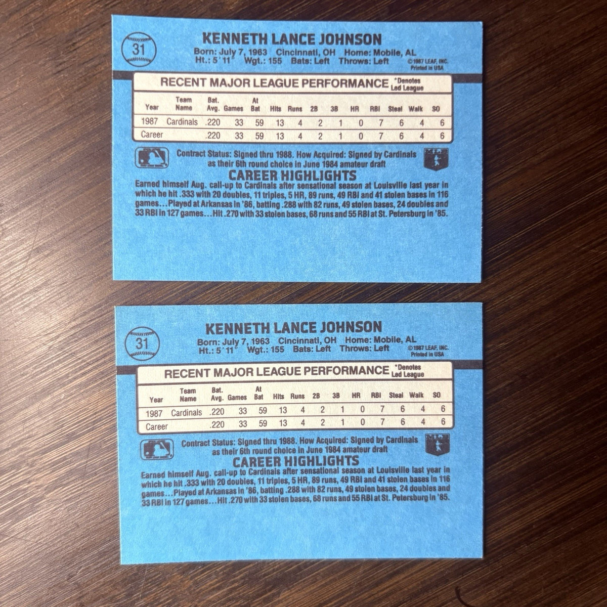 Lot of 2 Lance Johnson 1988 Donruss Baseball Rookie Cards #31 High Grade
