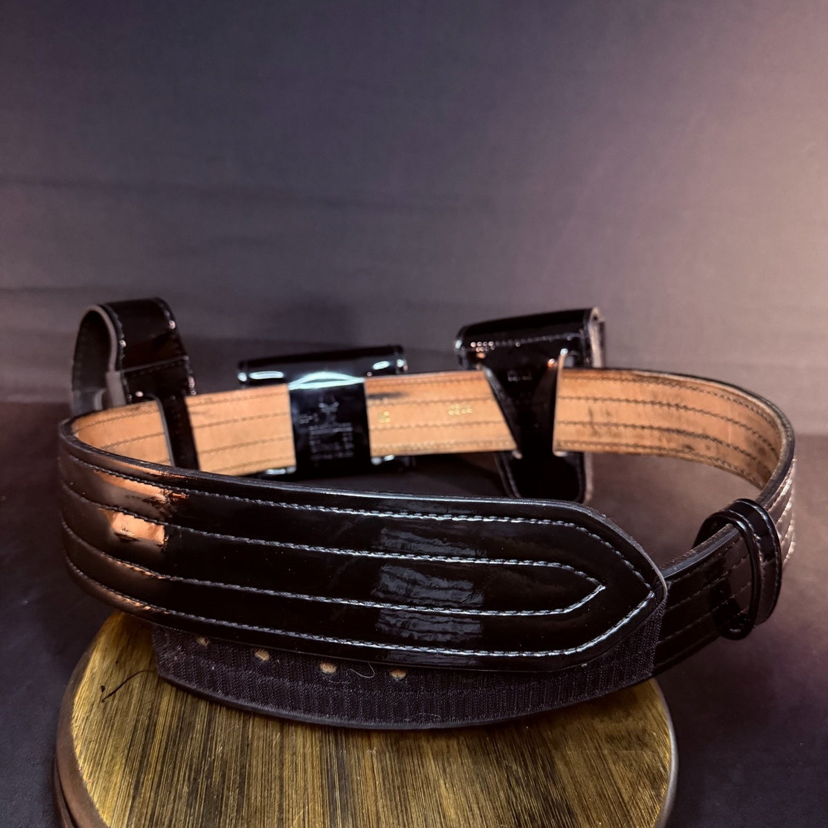 Don Hume Duty Belt Size 34" w/Handcuff, Mace, Glove Cases Hi-Gloss Black Leather