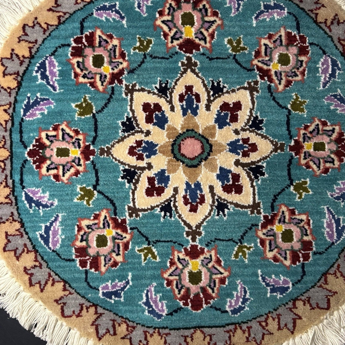 Persian Nain Round Medallion Rug Hand Knotted Size 20”x20” Or 50cm Blue Rug
