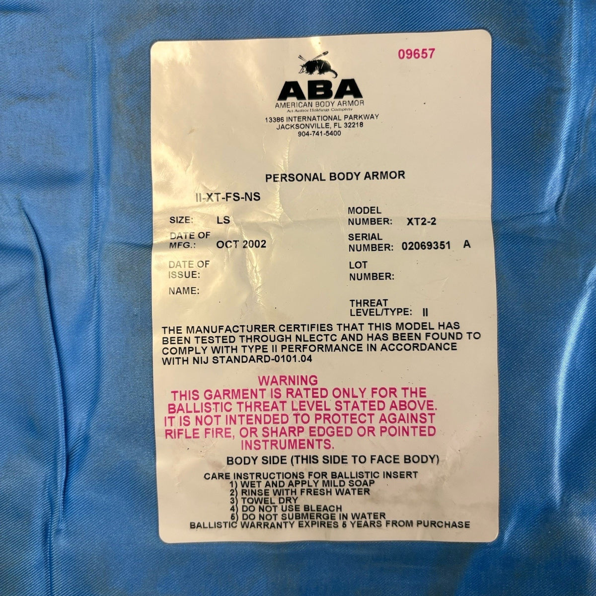 American Body Armor Bullet Proof Vest Level 2 (II) Size Medium (M) Concealable