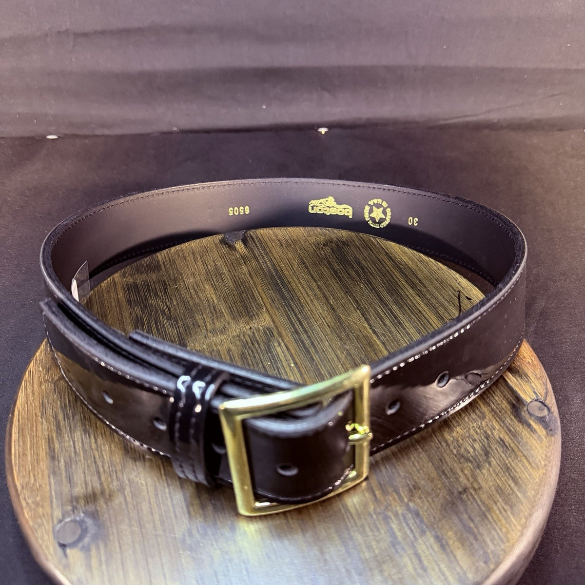 Boston Leather Belt Size 30" High Gloss Black Garrison Gold Buckle Made in USA