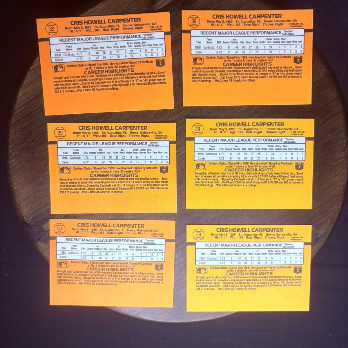 Lot of (6) 1989 Donruss #39 CHRIS CARPENTER (RATED ROOKIE) St. Louis Cardinals