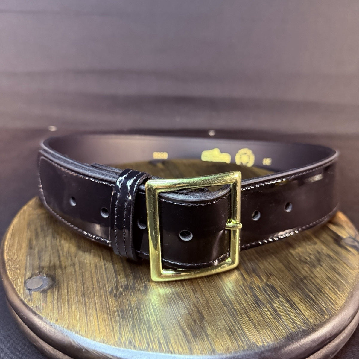Boston Leather Belt Size 30" High Gloss Black Garrison Gold Buckle Made in USA