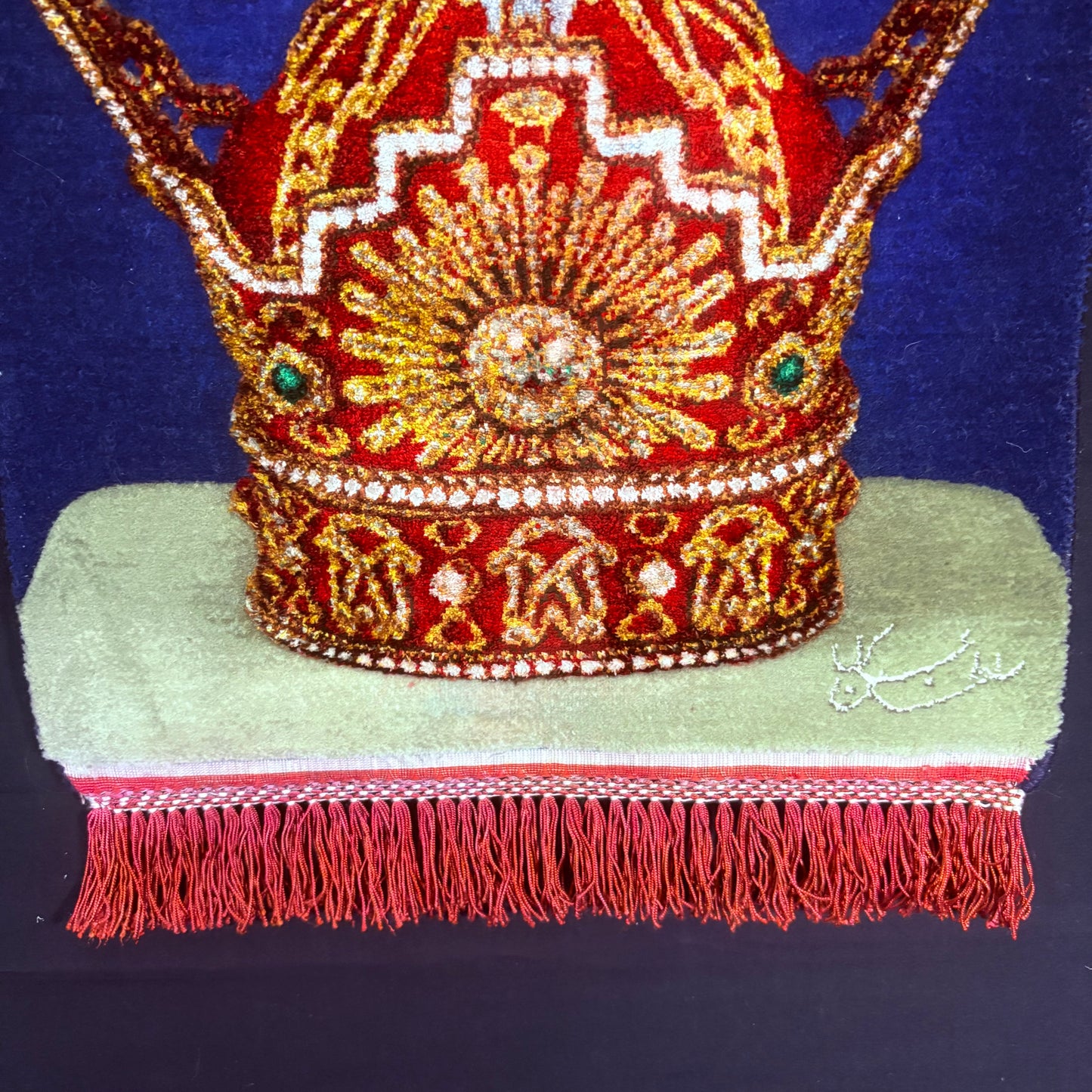 Persian Rug Shah Pahlavi Crown Hand Knotted 50 Raj Tabriz Pictorial (Taj of Iran)22in x 15in or 55cm x 38cm Silk Foundation w/Rug Hangers