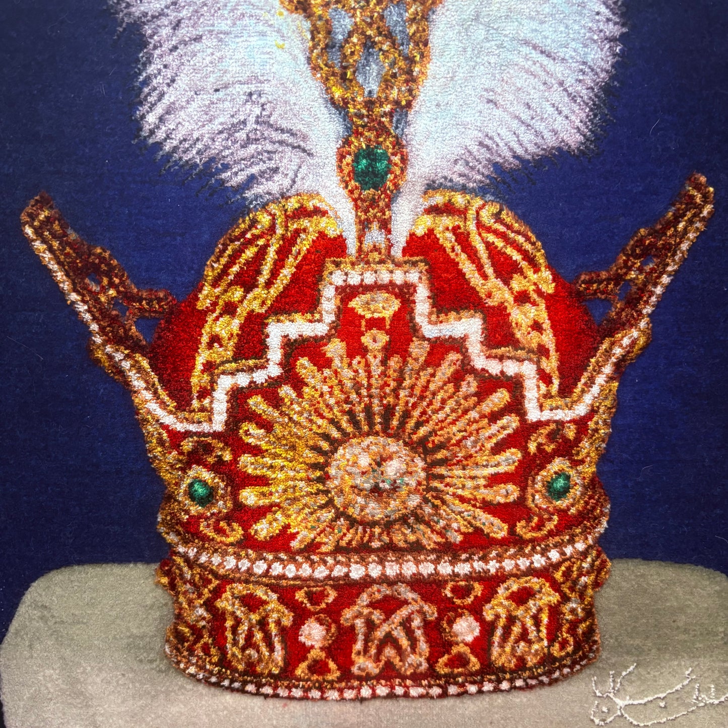 Persian Rug Shah Pahlavi Crown Hand Knotted 50 Raj Tabriz Pictorial (Taj of Iran)22in x 15in or 55cm x 38cm Silk Foundation w/Rug Hangers