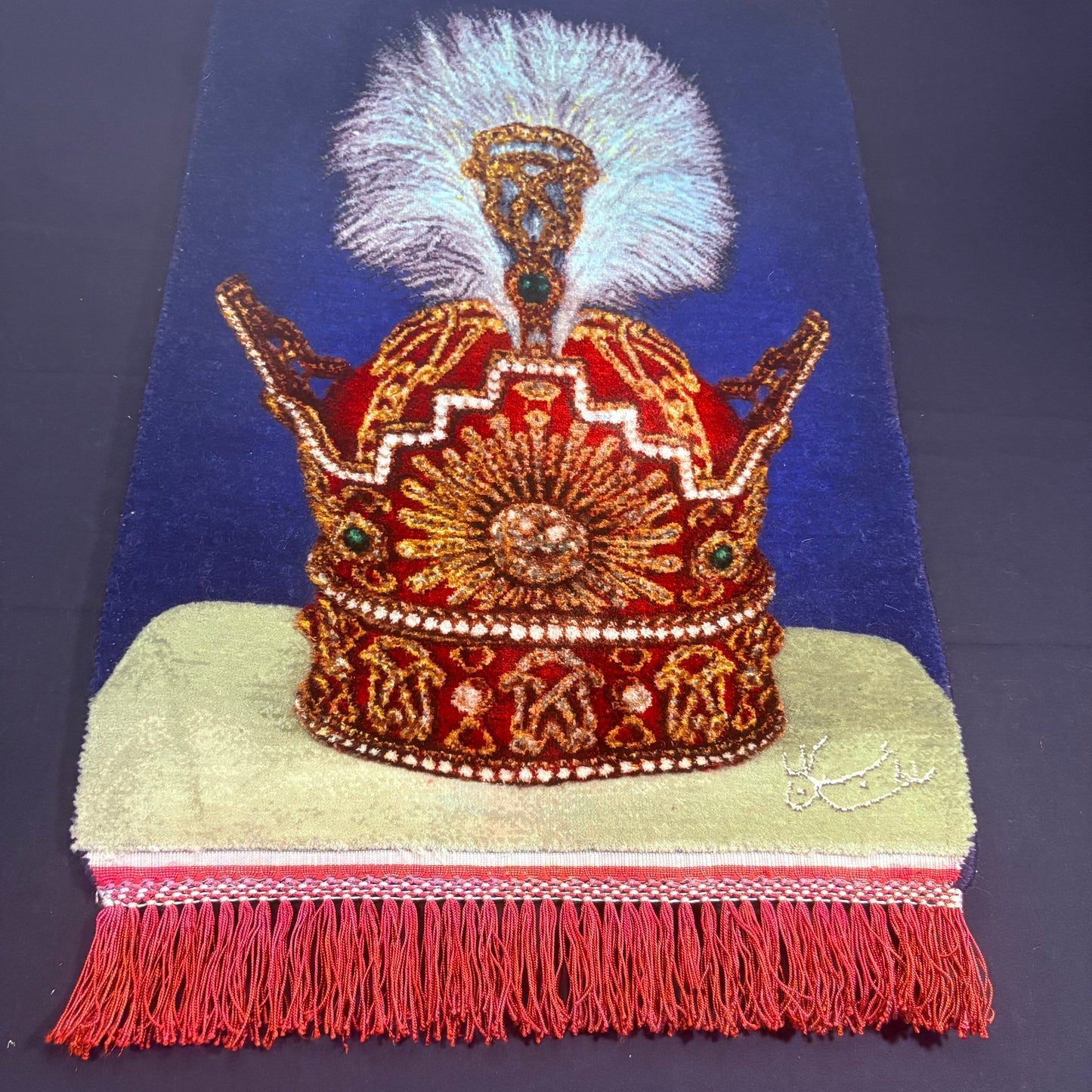 Persian Rug Shah Pahlavi Crown Hand Knotted 50 Raj Tabriz Pictorial (Taj of Iran)22in x 15in or 55cm x 38cm Silk Foundation w/Rug Hangers