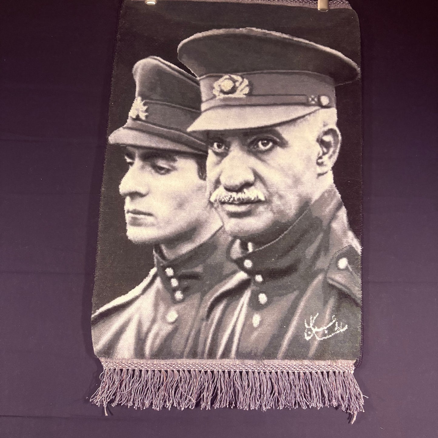 Persian Rug Shah Pictorial (Tabriz, Iran) Hand Knotted 50 Raj Reza & Mohammad Shah Pahlavi 23in x 16in or 58cm x 40cm Silk Foundation w/Rug Hangers