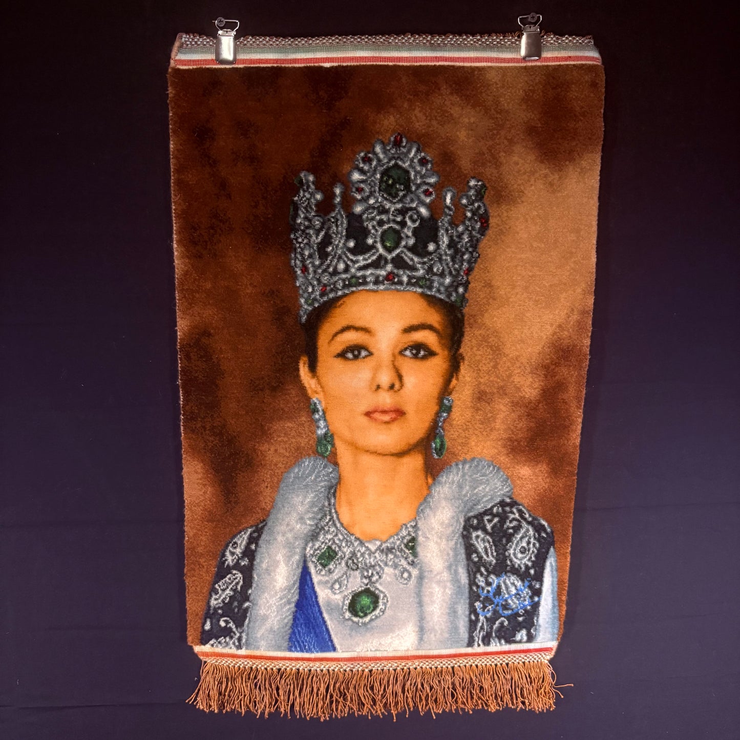 Persian Rug Queen of Iran Tabriz Pictorial Hand Knotted 50 Raj Empress Farah Pahlavi 23in x 16in or 58cm x 40cm Silk Foundation w/Rug Hangers