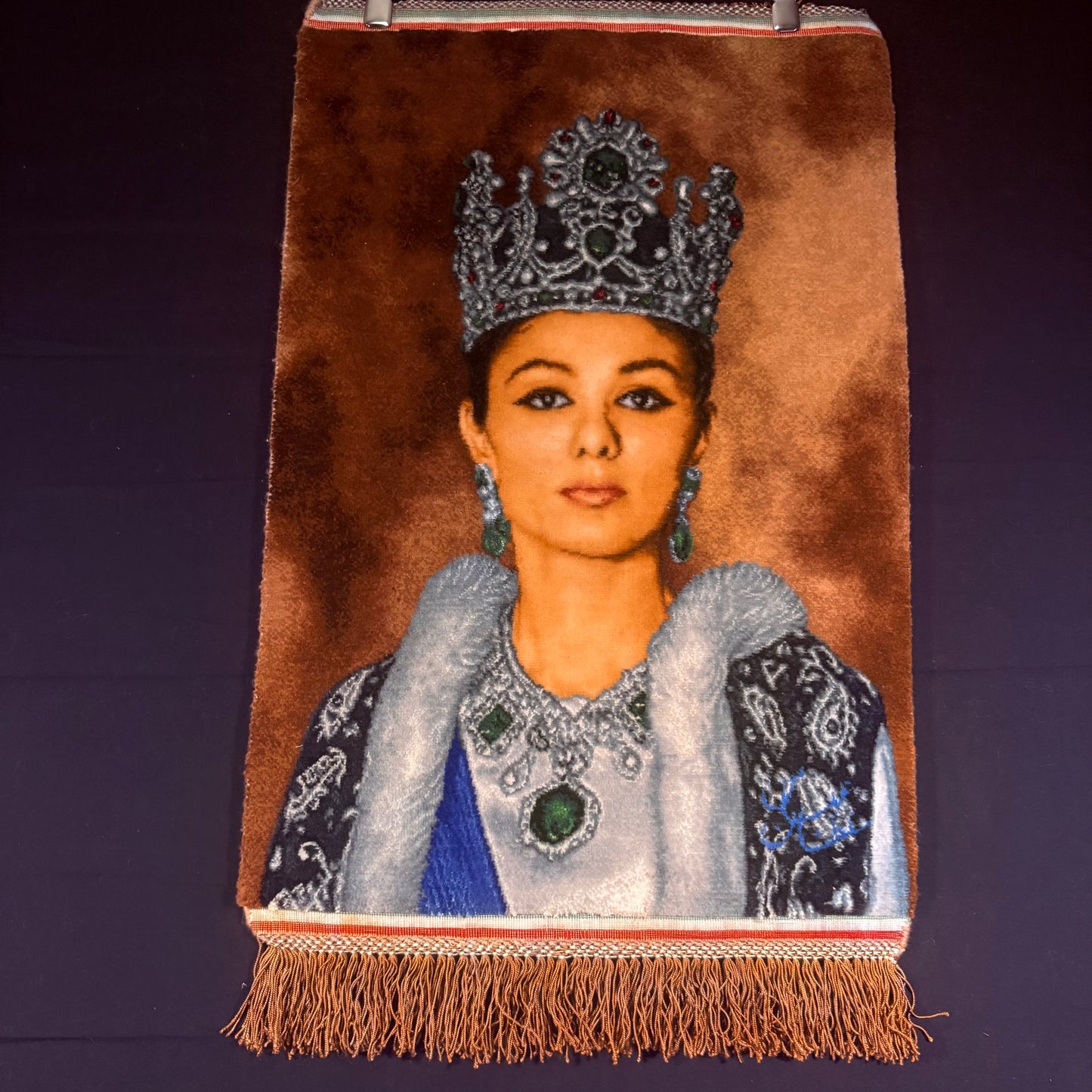Persian Rug Queen of Iran Tabriz Pictorial Hand Knotted 50 Raj Empress Farah Pahlavi 23in x 16in or 58cm x 40cm Silk Foundation w/Rug Hangers