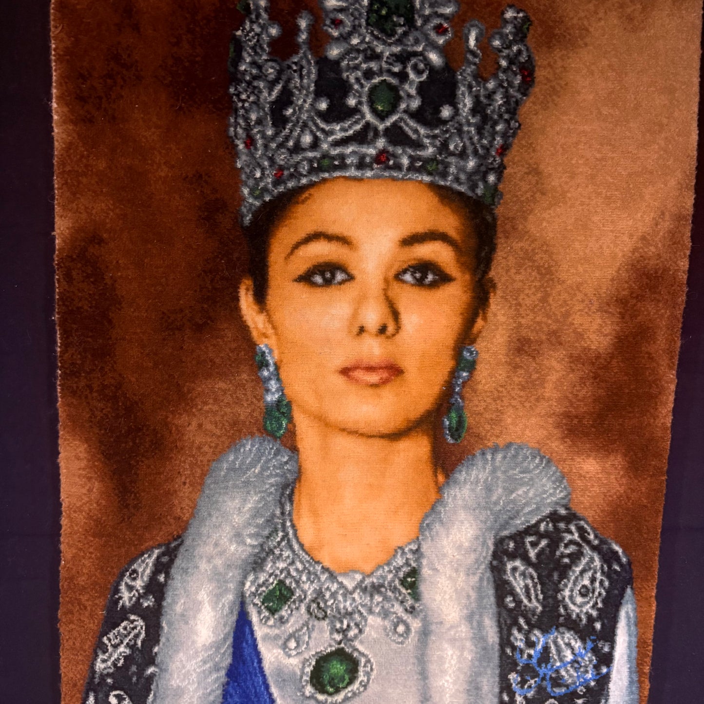 Persian Rug Queen of Iran Tabriz Pictorial Hand Knotted 50 Raj Empress Farah Pahlavi 23in x 16in or 58cm x 40cm Silk Foundation w/Rug Hangers