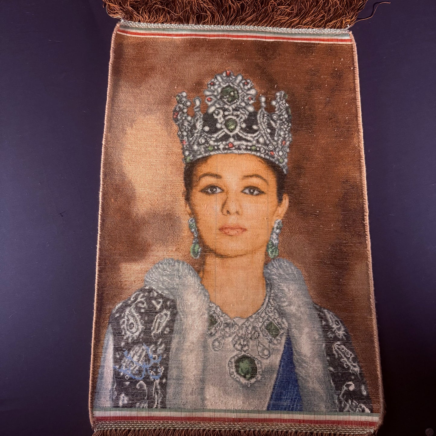 Persian Rug Queen of Iran Tabriz Pictorial Hand Knotted 50 Raj Empress Farah Pahlavi 23in x 16in or 58cm x 40cm Silk Foundation w/Rug Hangers