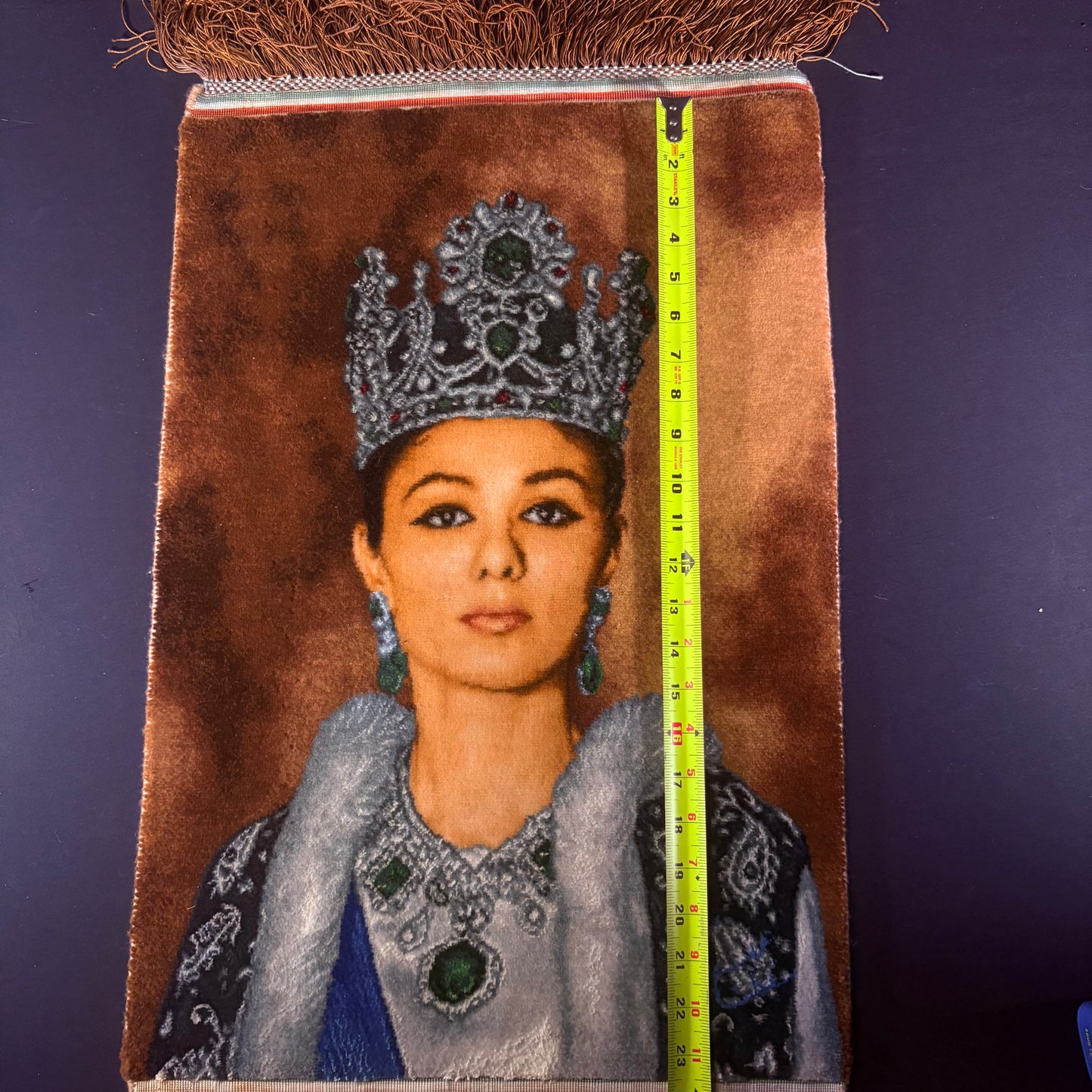 Persian Rug Queen of Iran Tabriz Pictorial Hand Knotted 50 Raj Empress Farah Pahlavi 23in x 16in or 58cm x 40cm Silk Foundation w/Rug Hangers