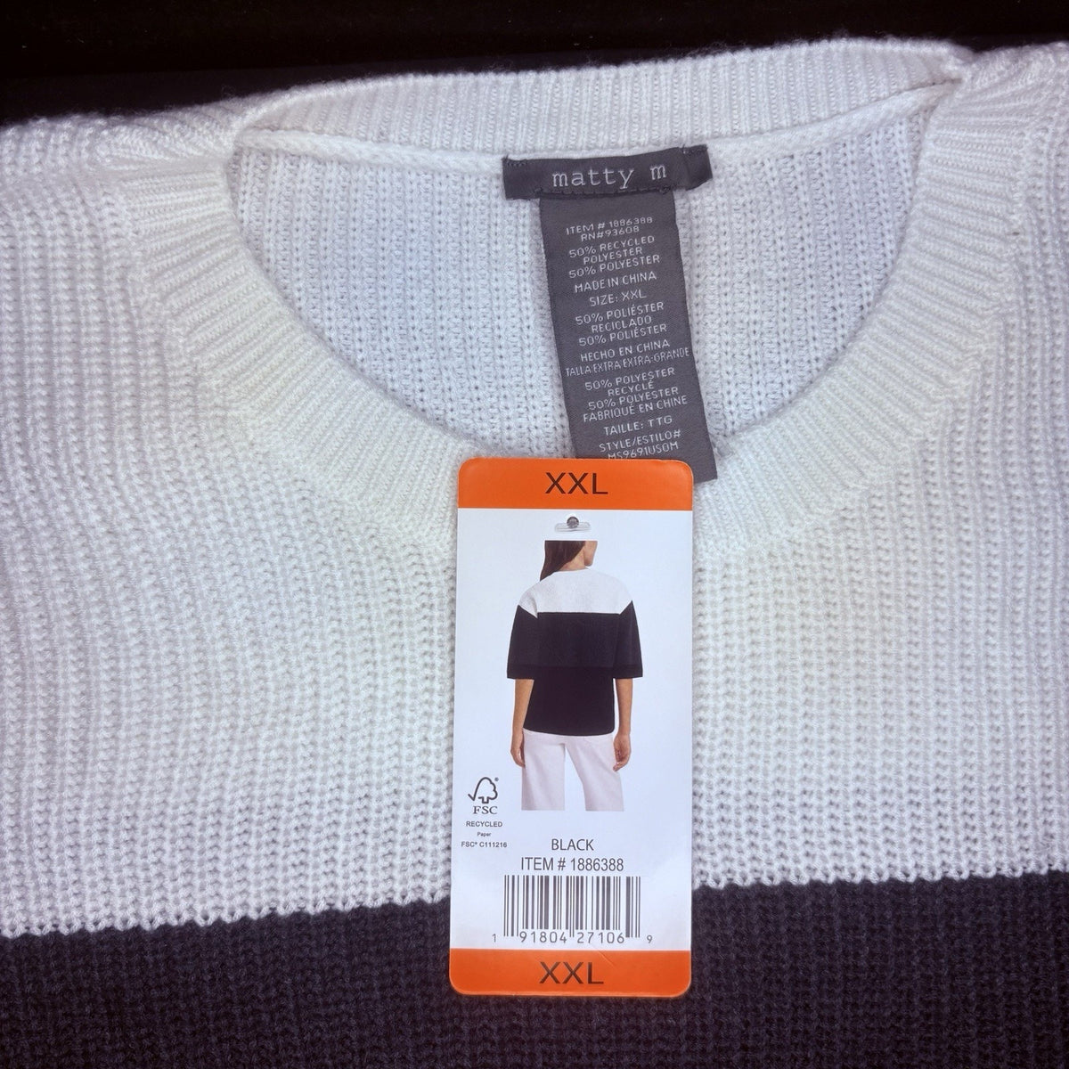 NEW Matty M Women's XXL Colorblock Sweater Polyester Crewneck (Black,Grey,White)