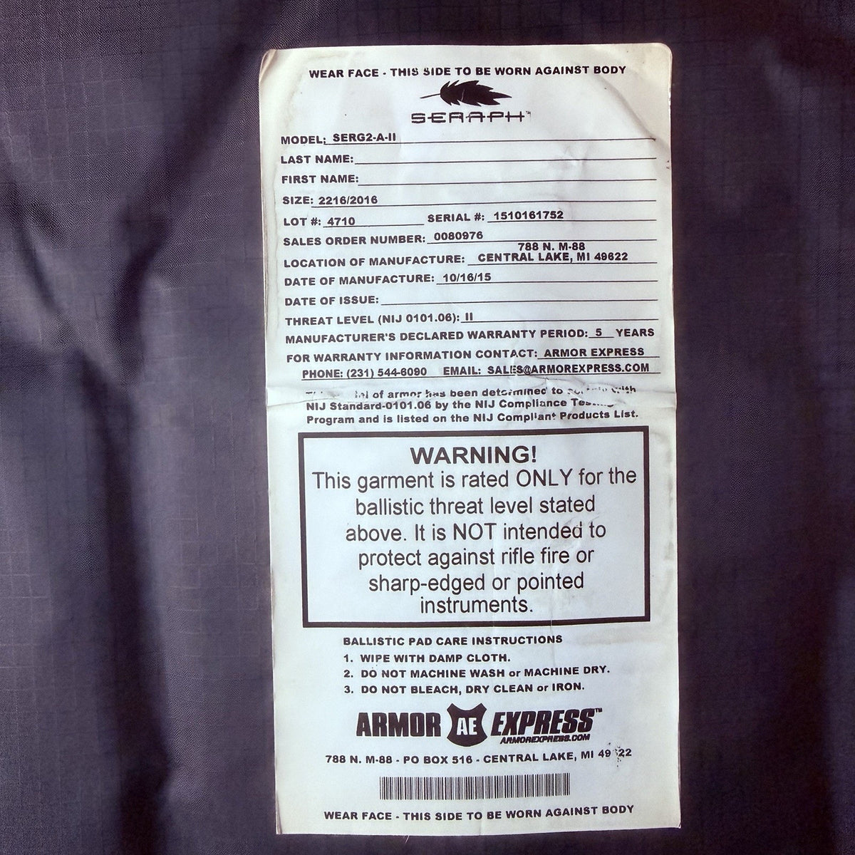 Armor Express Level 2 II Ballistic Vest Size XL Concealable Bulletproof Armor