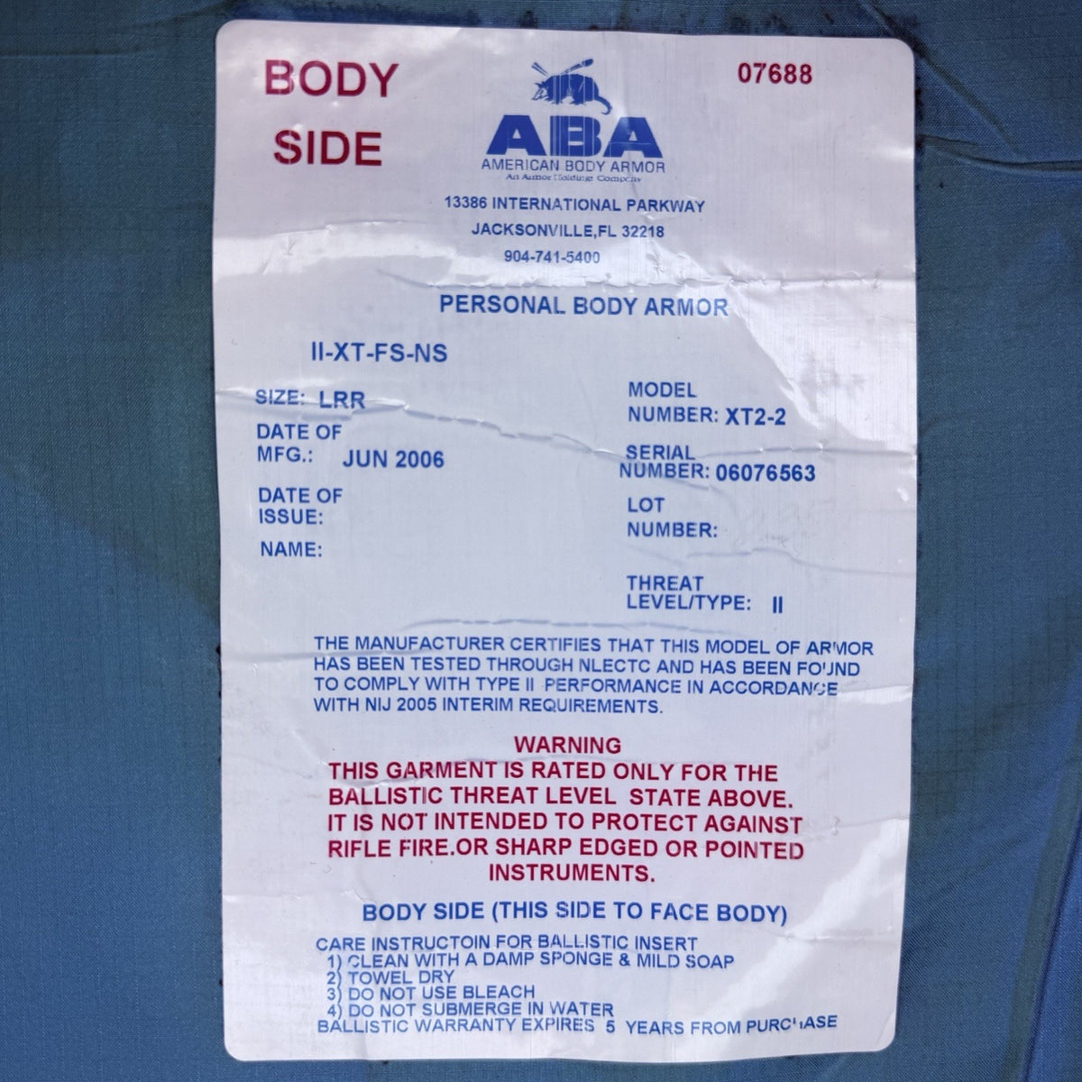 American Body Armor Vest Ballistic Level 2 II Size Medium ABA Bulletproof Blue
