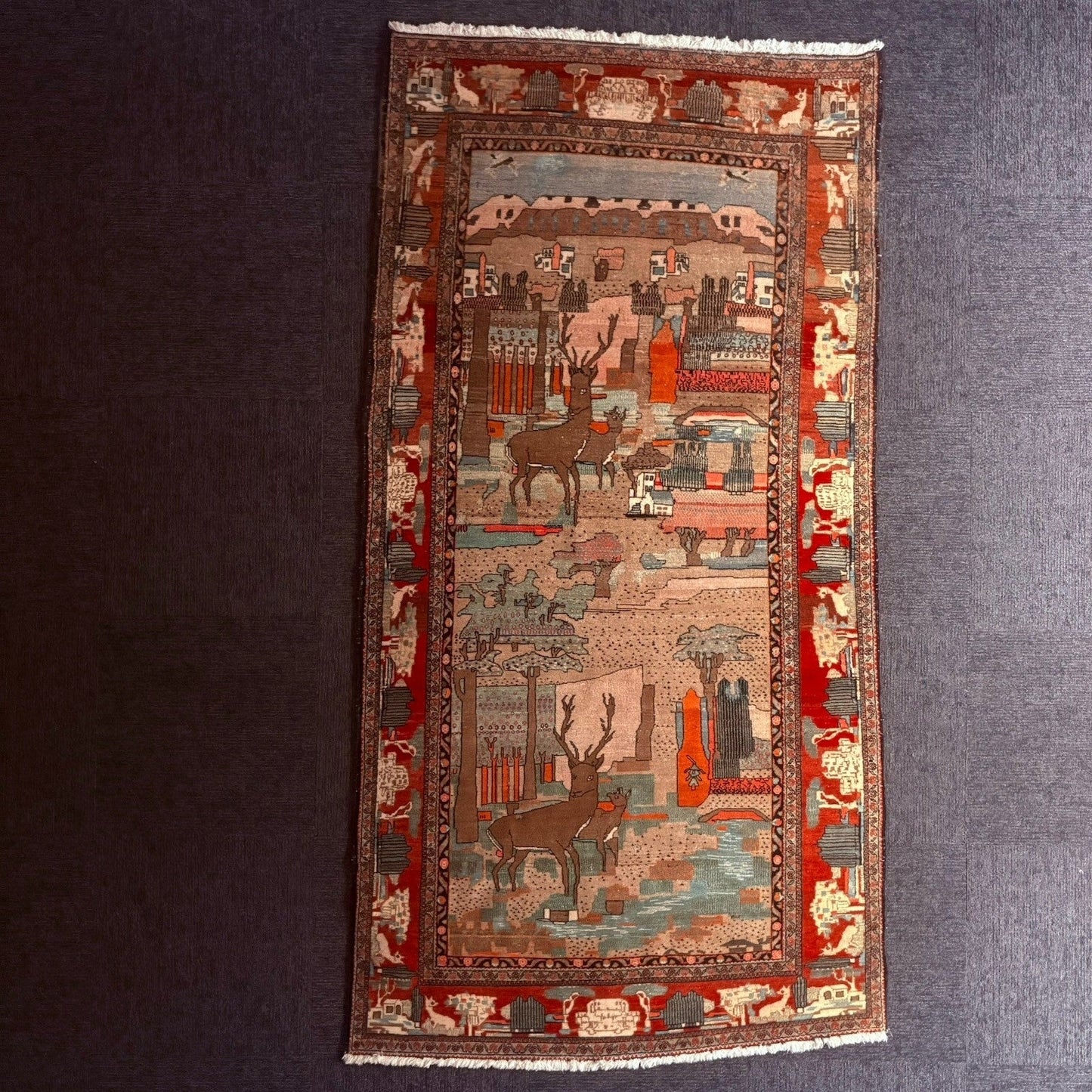 Antique Persian Hand Knotted Pictorial Rug 9'x5' 1940s Kashann Rug