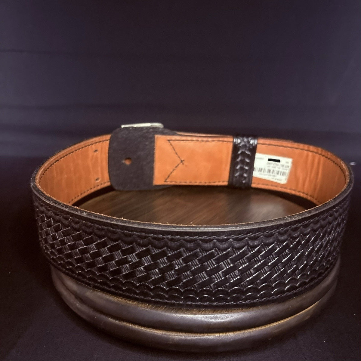 Tex Shoemaker Duty Belt Size 28" Basketweave Leather 2.25" Wide, Nickel Buckle