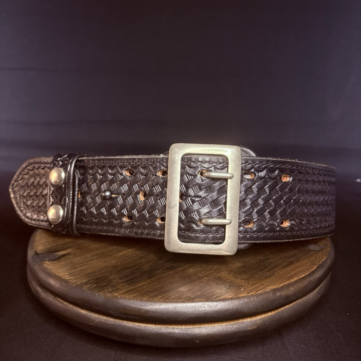 Tex Shoemaker Duty Belt Size 28" Basketweave Leather 2.25" Wide, Nickel Buckle
