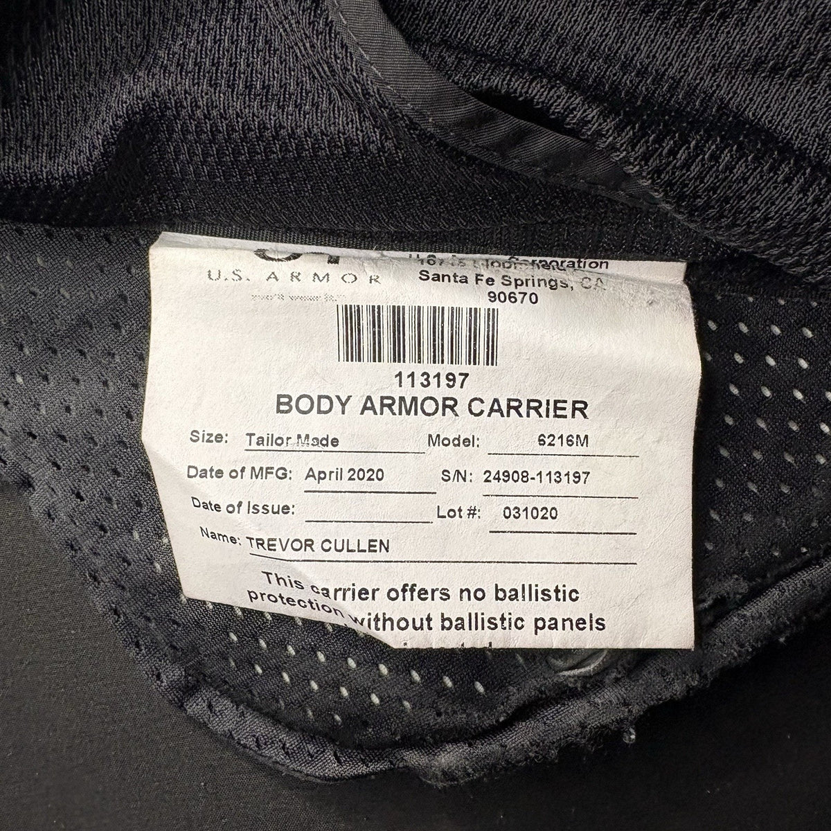 US Armor Level 2 Ballistic II Vest Size Large 2020 Concealable Bullet Proof