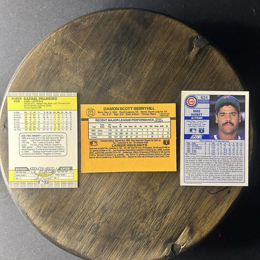 1989 (3) Cubs Cards Mike Harkey Rookie Score, Damon Berry Hill, Rafael Palmeiro