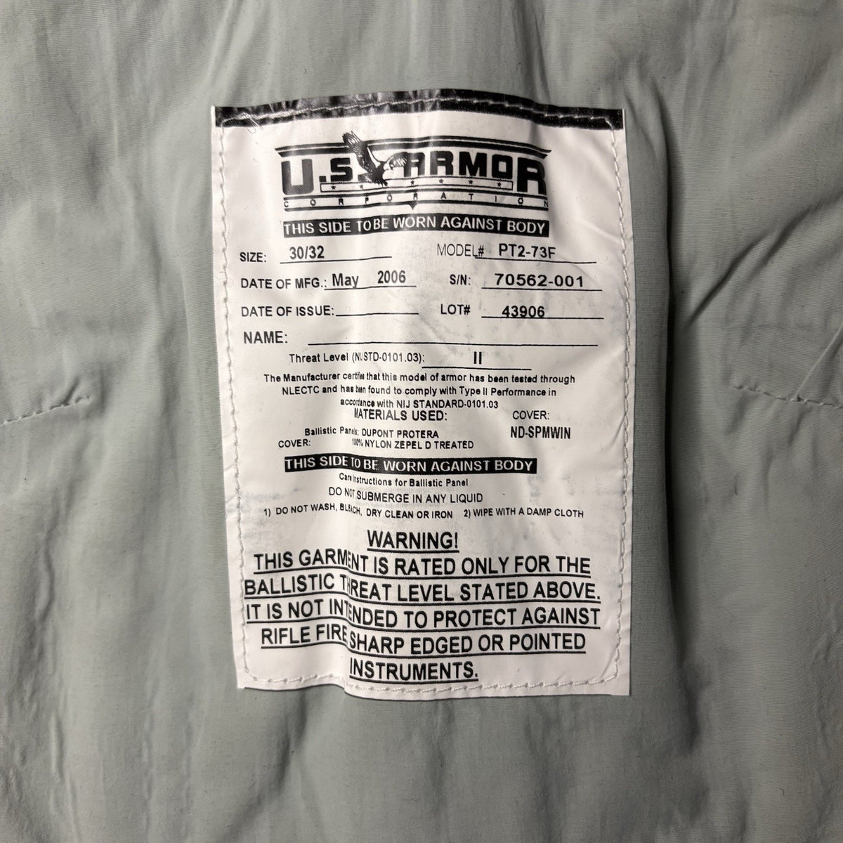 US Armor Level 2 (II) Bullet Proof Vest Size Female SMALL w/ Trauma Plate